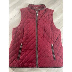 Appleseeds Womens Vest Sz L Red Quilted Zip Front Pockets Leather Trim Quilted